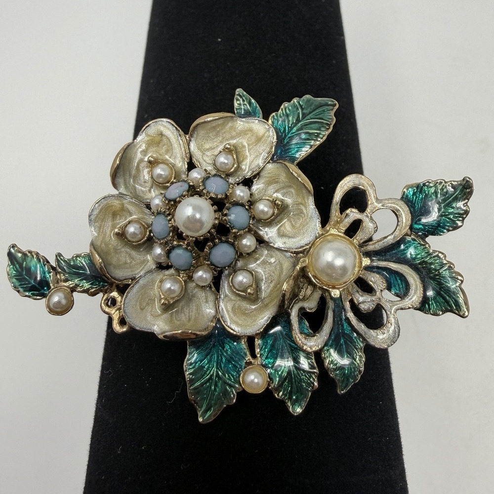 Monet Signed‎ Floral Brooch Enamel Faux Pearl Blue Green Vintage Gold Tone